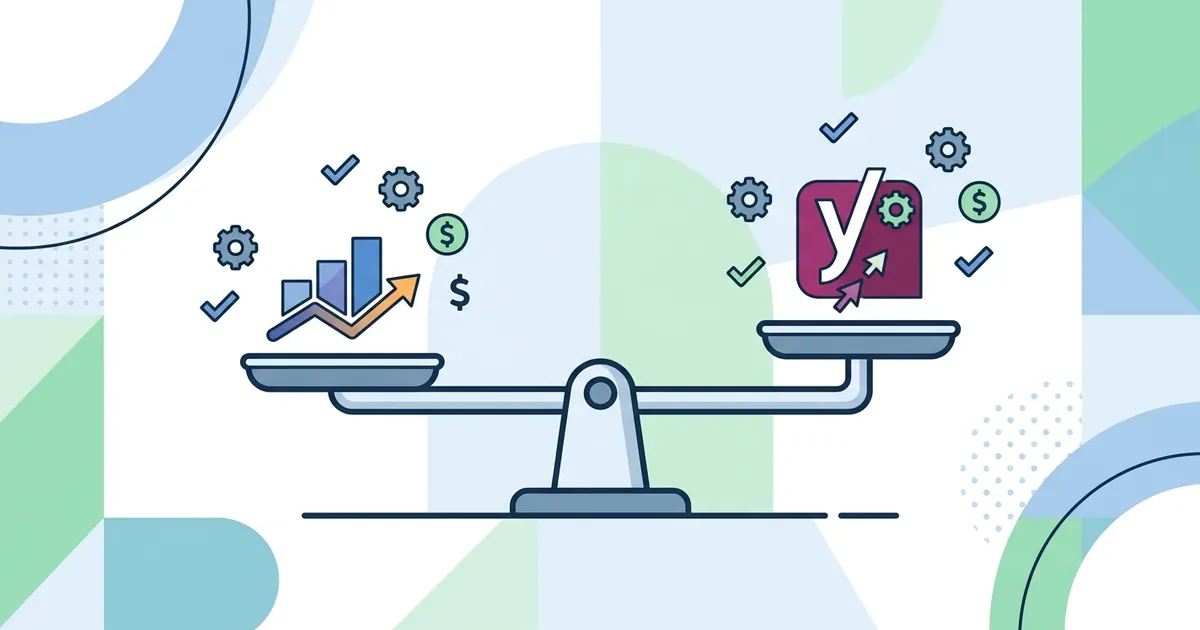 Rank MathとYoast SEOのプラグインアイコンが天秤の両側に配置された比較イメージの平らなベクターイラスト
