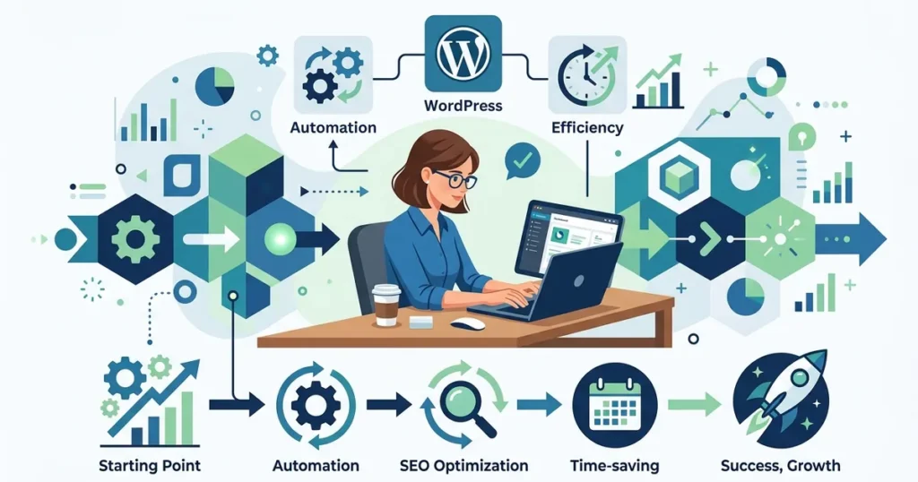 1人のマーケティング担当者がパソコンで効率的にWordPress SEOを管理している様子を示す幾何学的なベクターイラスト