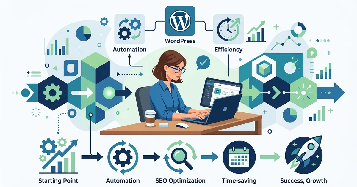 1人のマーケティング担当者がパソコンで効率的にWordPress SEOを管理している様子を示す幾何学的なベクターイラスト