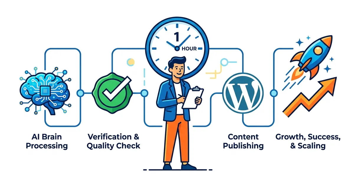 1時間で自動運用するSEO記事のワークフロー図。人物、時計、AI処理、検証、WordPressのアイコンが幾何学的な線で繋がっている。
