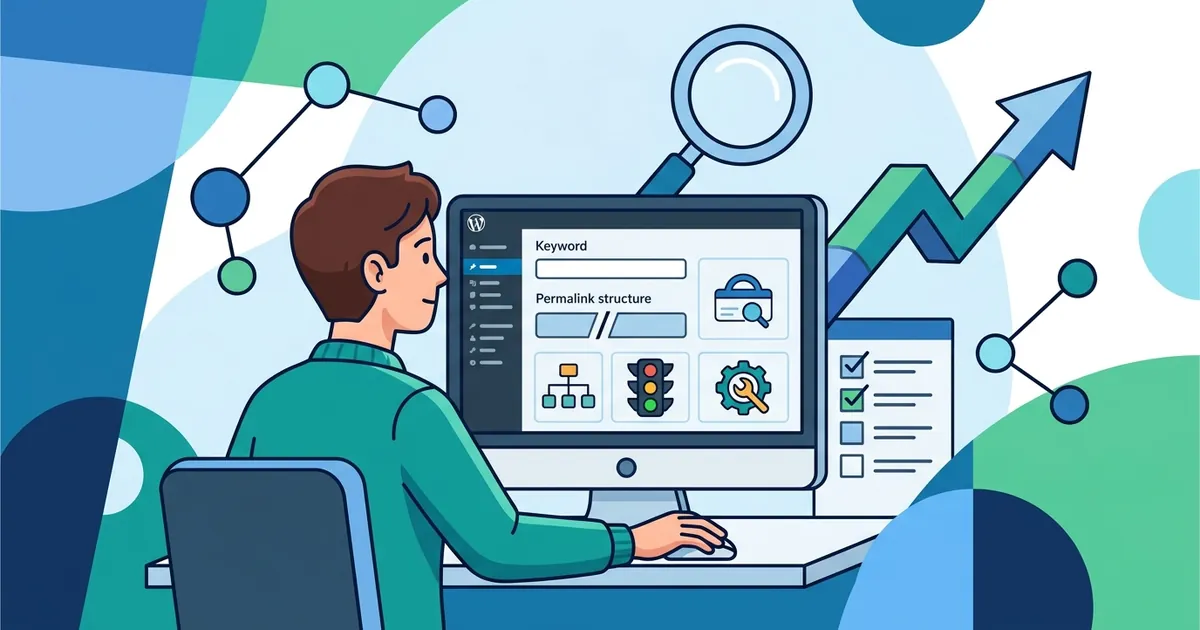 WordPressのダッシュボードとSEO最適化の要素を示すフラットベクトルイラスト