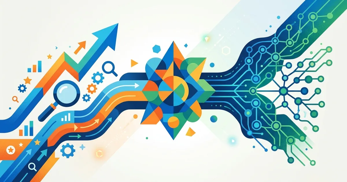 検索最適化とLLM技術が交わるポイントを示した、幾何学的な融合のイラスト