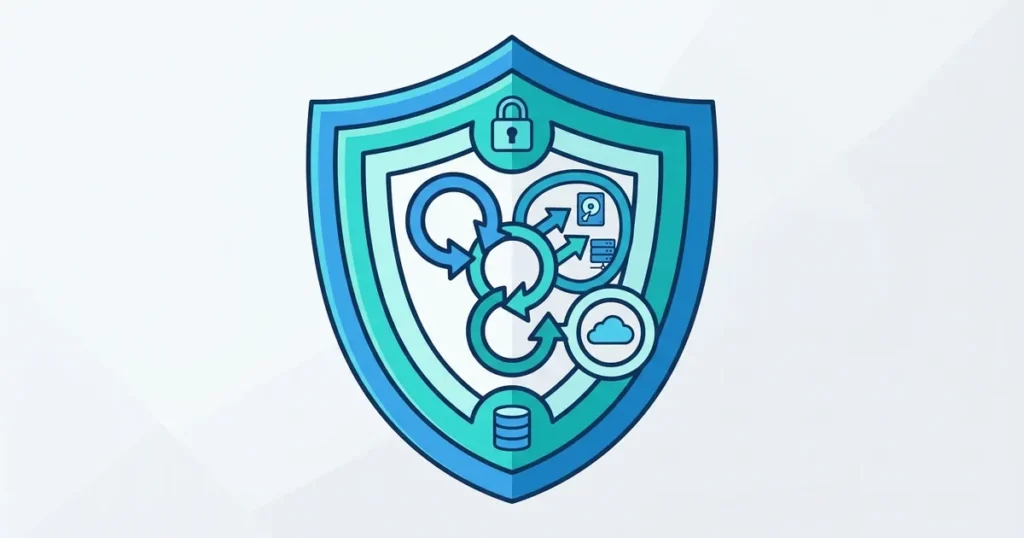 A layered shield illustration with circular arrows representing the 3-2-1 backup strategy and security protection concept.