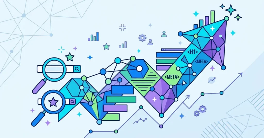 A flat vector illustration depicting an upward arrow with interconnected nodes and SEO-related geometric elements symbolizing on-page optimization.