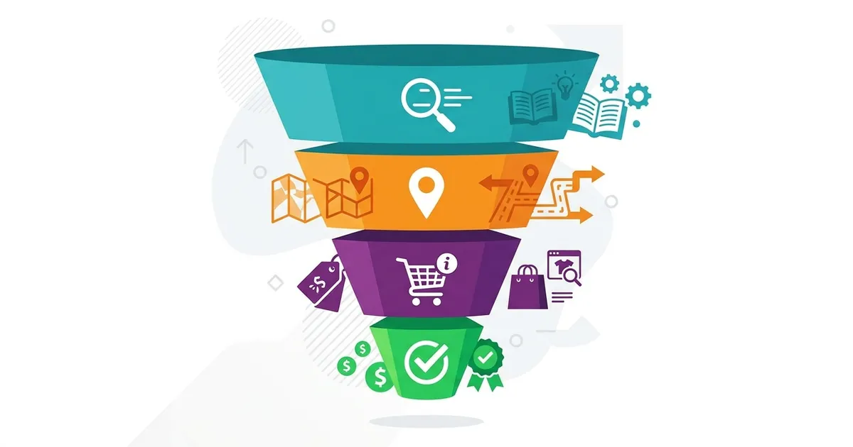 Flat vector illustration of a four-part funnel showing different search intent types with symbolic icons and bold geometric shapes.