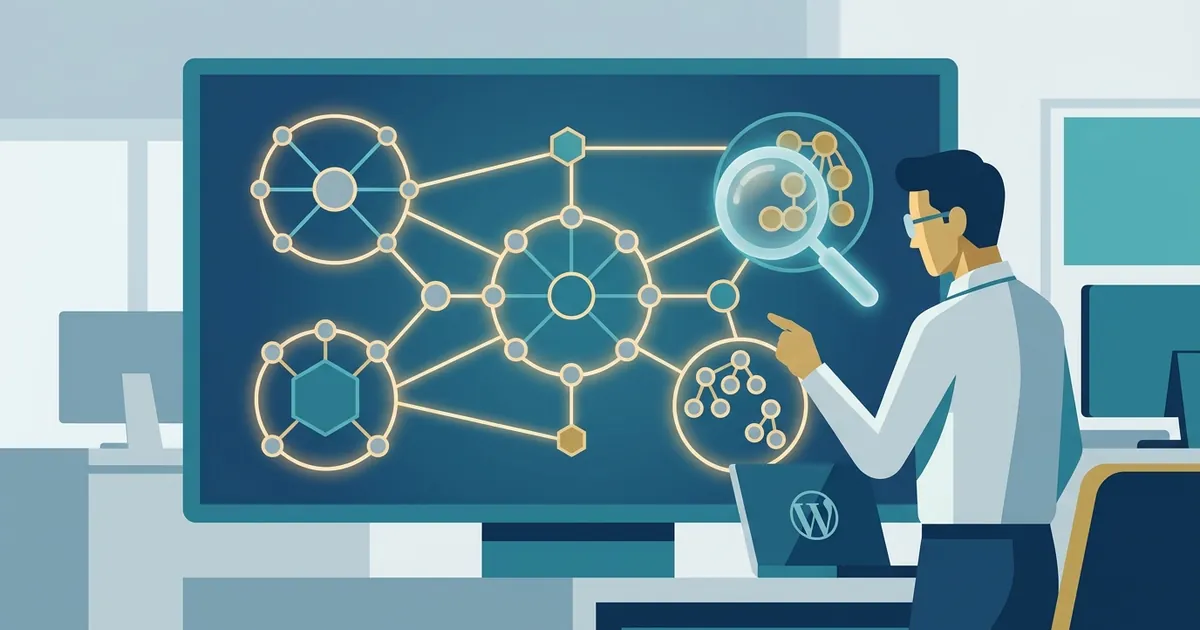 Abstract flat vector illustration showing interconnected keyword nodes with a magnifying glass over a research map.