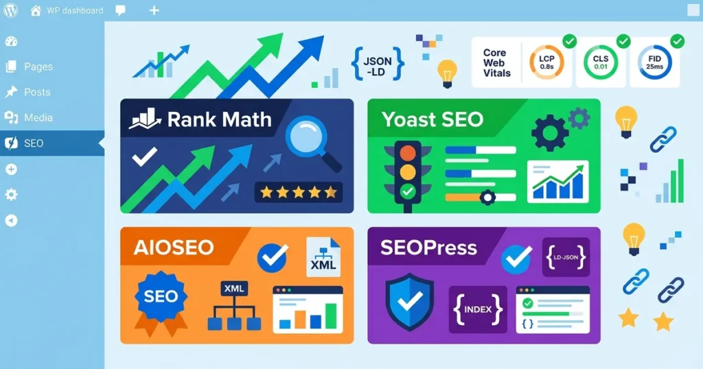 Flat vector illustration of WordPress dashboard with SEO plugin icons and optimization symbols in geometric shapes.