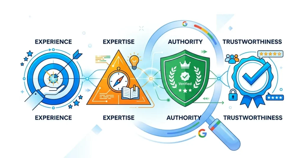 Four geometric shapes representing Experience, Expertise, Authority, and Trustworthiness connected in a balanced design.