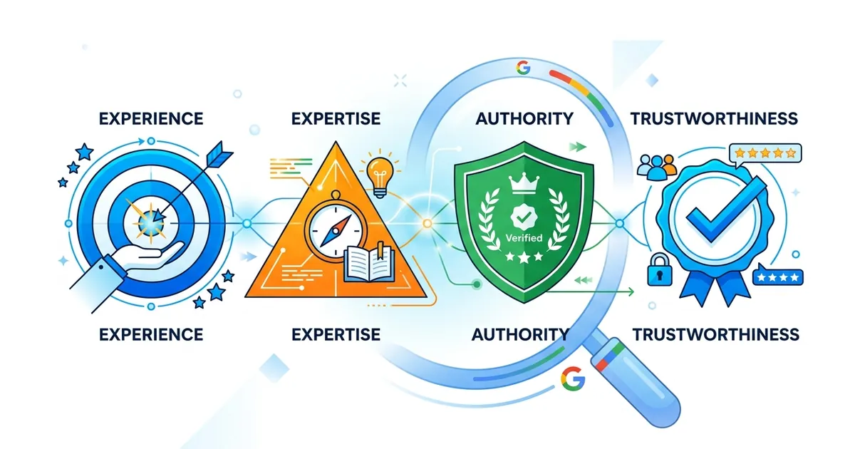 Four geometric shapes representing Experience, Expertise, Authority, and Trustworthiness connected in a balanced design.