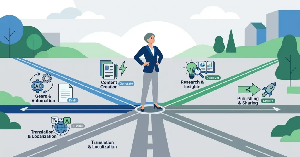 Flat vector illustration of a person at a crossroads evaluating multiple AI content tool paths with geometric symbols.