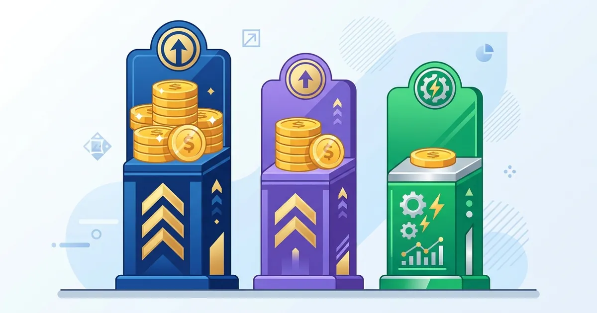 Three vertical columns comparing pricing levels for agencies, freelancers, and AI automation tools using geometric shapes and coins.