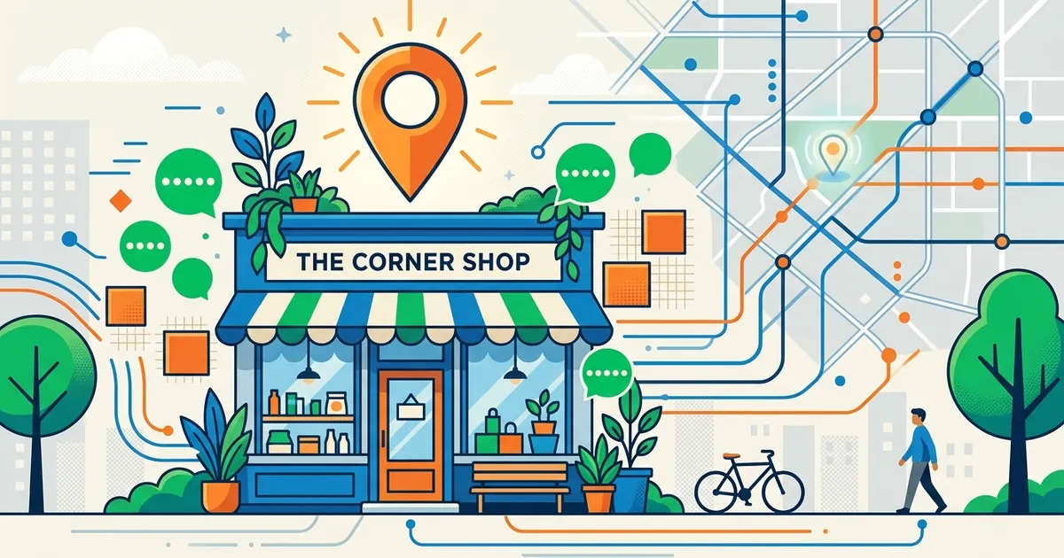 Flat vector illustration of a storefront with a location pin surrounded by geometric shapes representing reviews and citations.