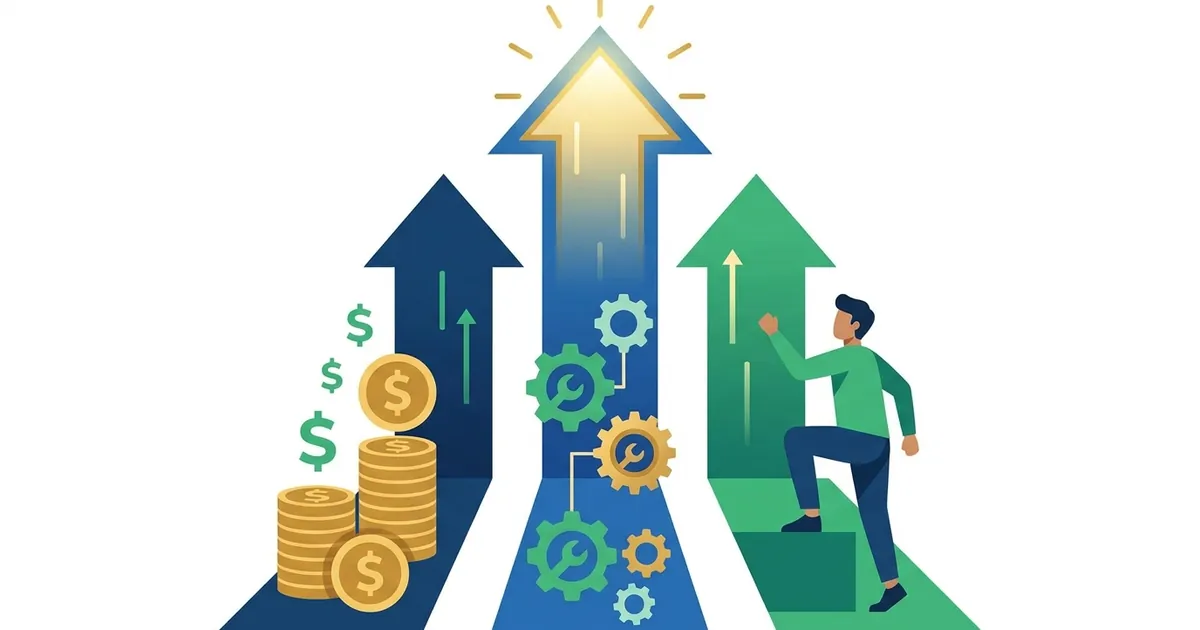 Illustration of three parallel paths showing agency costs, automation tools, and DIY effort leading to shared ROI growth arrow.