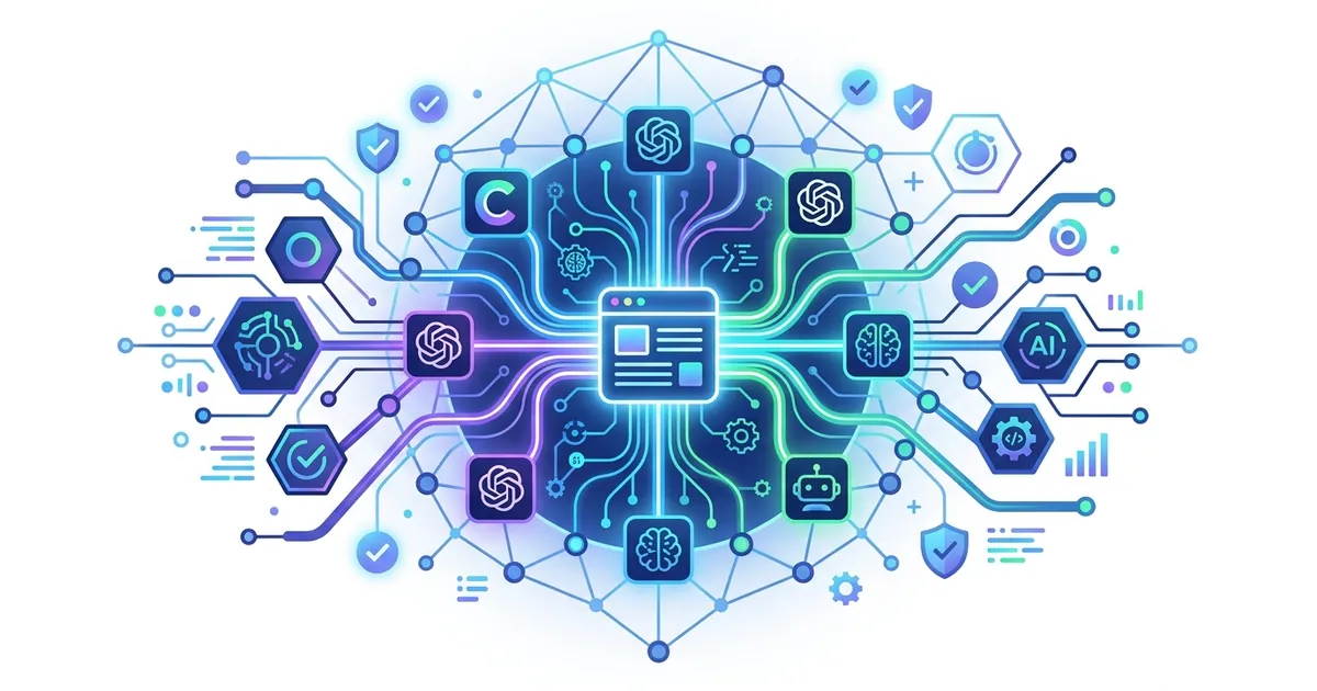 Flat vector illustration showing interconnected AI tools and citation networks with glowing nodes and flowing data connections.