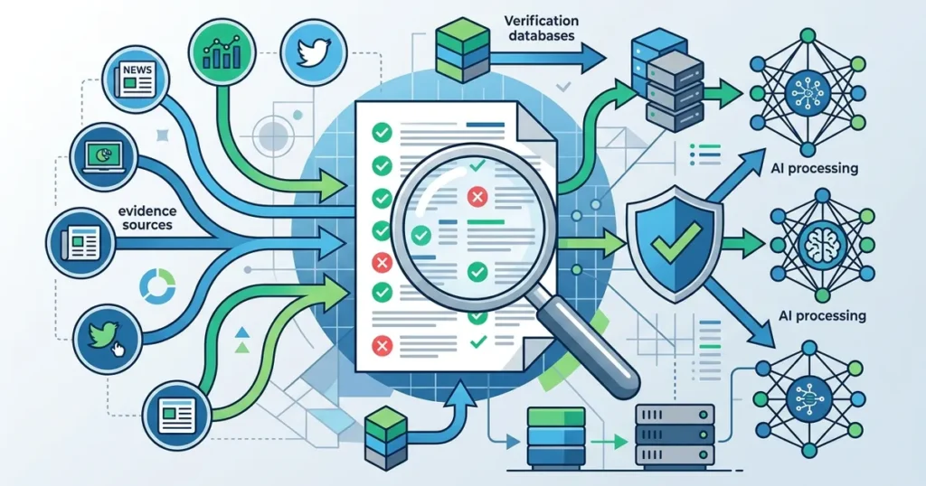 Abstract illustration depicting an automated fact-checking process with magnifying glass, verification checkmarks, and interconnected data sources.