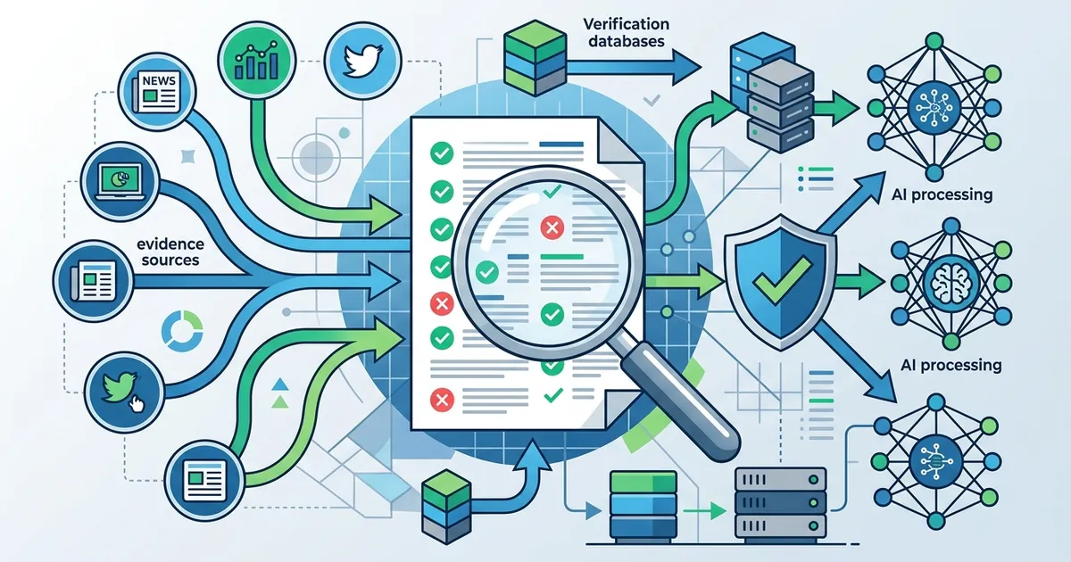 Abstract illustration depicting an automated fact-checking process with magnifying glass, verification checkmarks, and interconnected data sources.