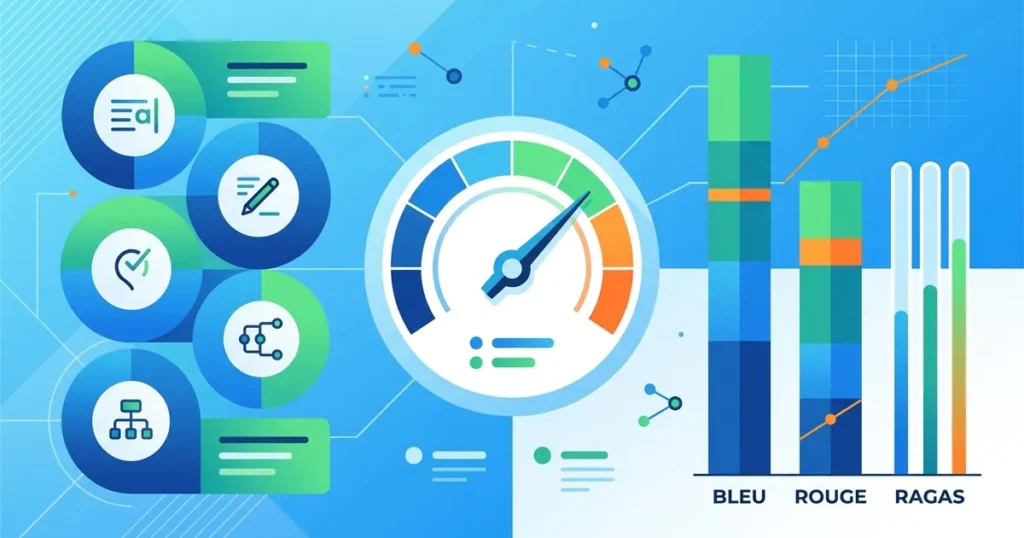 Abstract illustration of a measurement dashboard with geometric shapes representing AI writing quality evaluation metrics and assessment tools.
