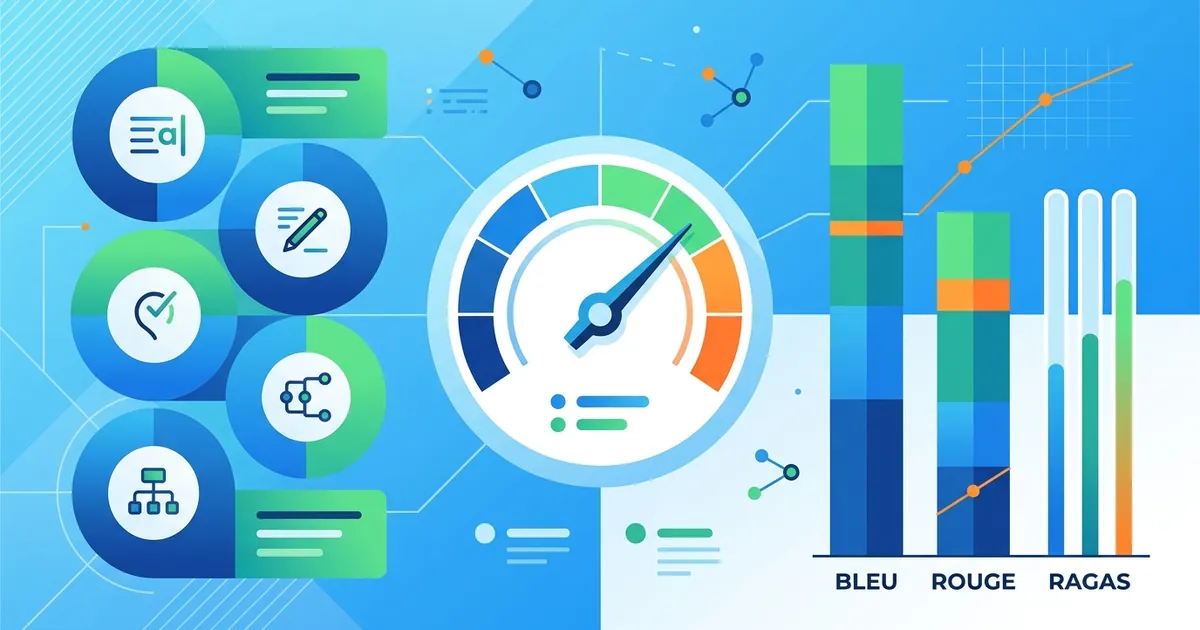 Abstract illustration of a measurement dashboard with geometric shapes representing AI writing quality evaluation metrics and assessment tools.