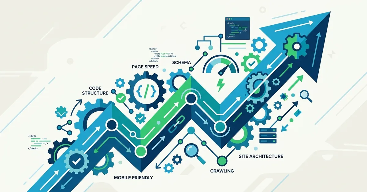 Abstract flat vector illustration of an upward arrow composed of gears and optimization symbols representing WordPress SEO growth.