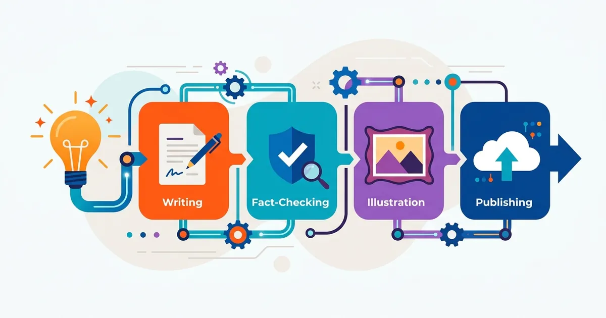 Abstract flat vector diagram showing stages of content production flowing left to right through connected geometric shapes.