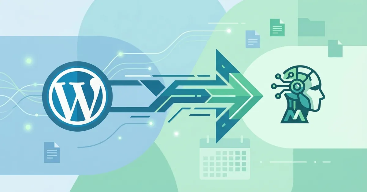 Flat vector illustration showing WordPress and Makasete icons connected by a geometric bridge representing integration.