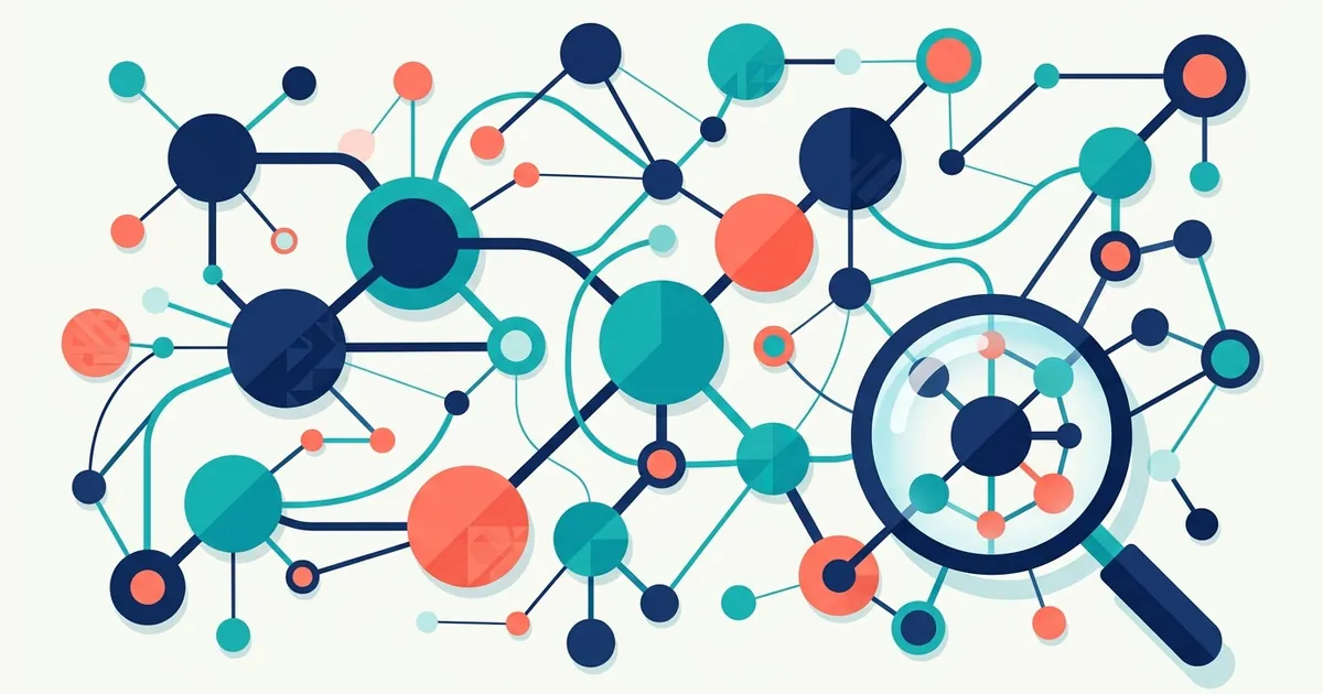 Abstract network diagram showing interconnected nodes representing keyword-to-content relationships in flat vector style.
