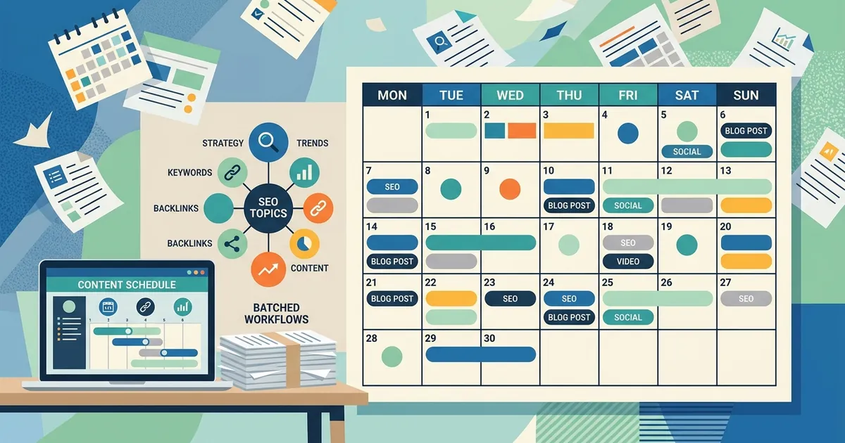 Flat vector illustration of a laptop with calendar grid, stacked documents, and interconnected planning elements representing content strategy.