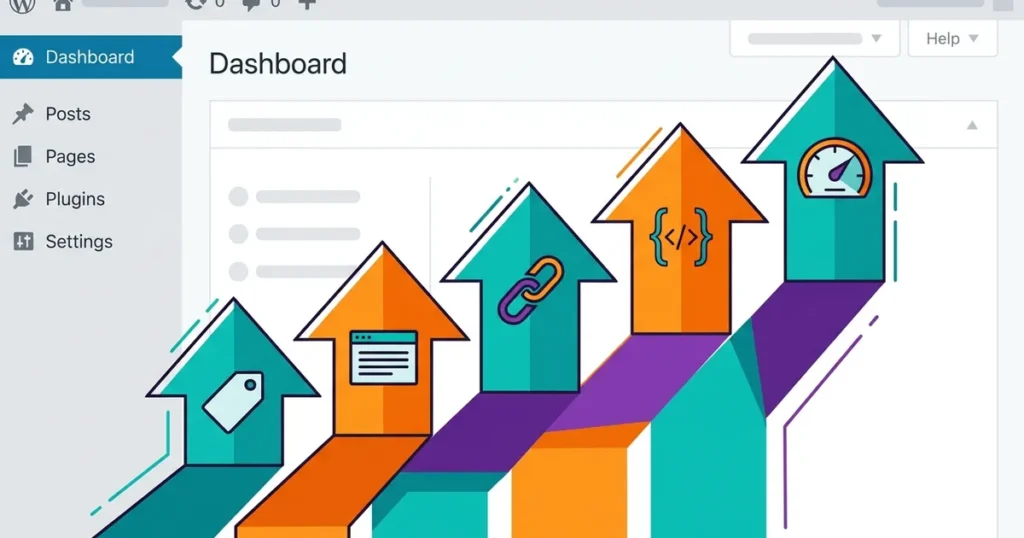 Flat vector illustration of five ascending arrow steps representing WordPress SEO improvements with abstract icons for each optimization element.
