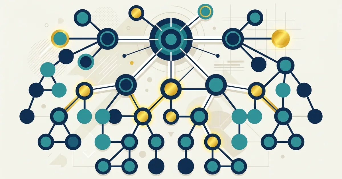 Flat vector illustration of interconnected nodes and pathways representing internal linking structure and site architecture hierarchy.