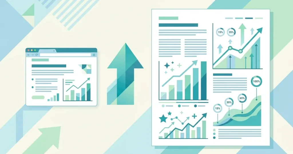 Flat vector illustration depicting a small webpage transforming into an expanded long-form article with growth arrow and chart elements.