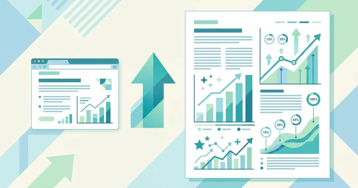 Flat vector illustration depicting a small webpage transforming into an expanded long-form article with growth arrow and chart elements.
