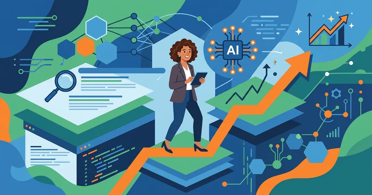 Flat vector illustration of a business figure navigating upward through layered geometric shapes representing AI-driven search evolution.