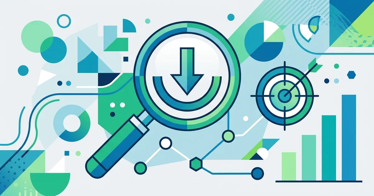 Abstract flat vector illustration of a magnifying glass with a downward arrow and geometric shapes representing SEO keyword analysis.
