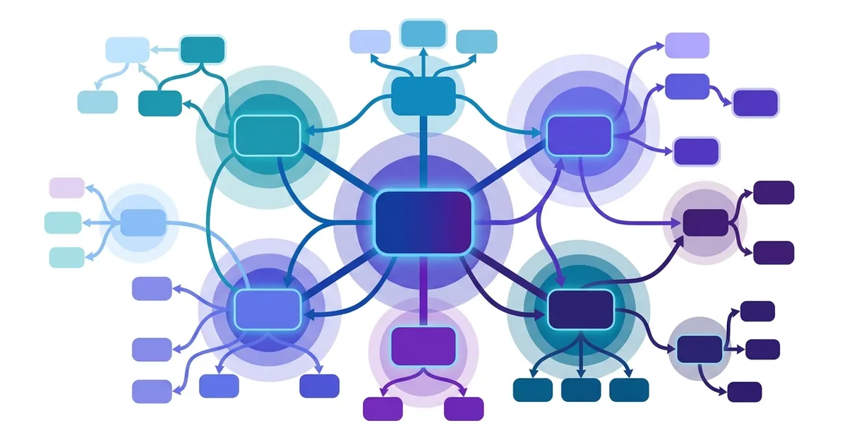 Abstract illustration of interconnected nodes and links representing WordPress internal linking strategy and content structure.