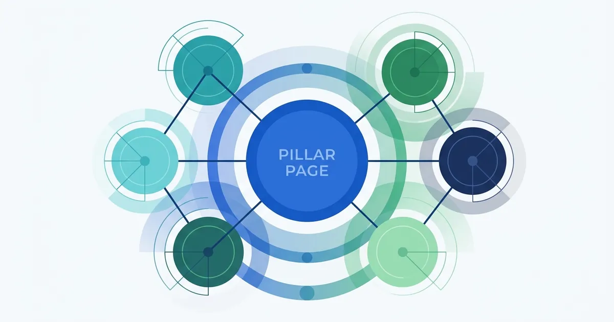 Abstract flat vector illustration of a central hub connected to surrounding nodes via lines, representing topical authority and content clustering structure.