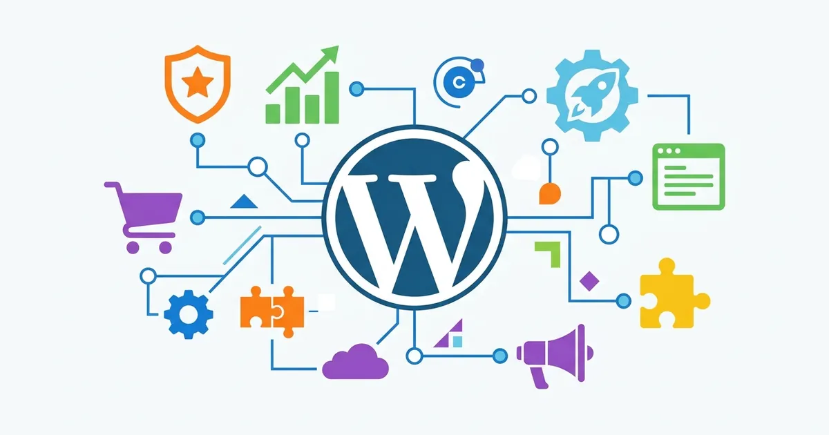 Flat vector illustration showing WordPress hub connected to multiple plugin icons through geometric lines representing integration and configuration.