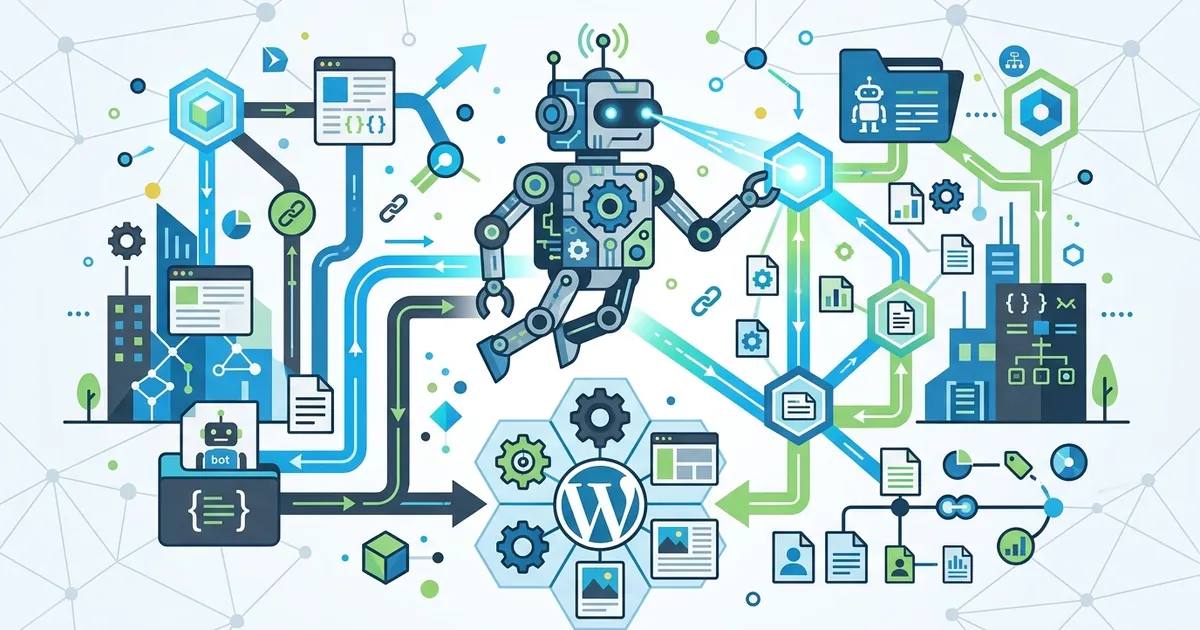Abstract flat vector illustration depicting AI crawlers navigating interconnected nodes and website content symbols in a modern, geometric style.