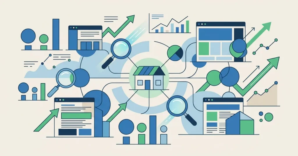 Flat vector illustration of a small website analyzing competitor keywords with magnifying glass, trending arrows, and connected nodes representing market research.