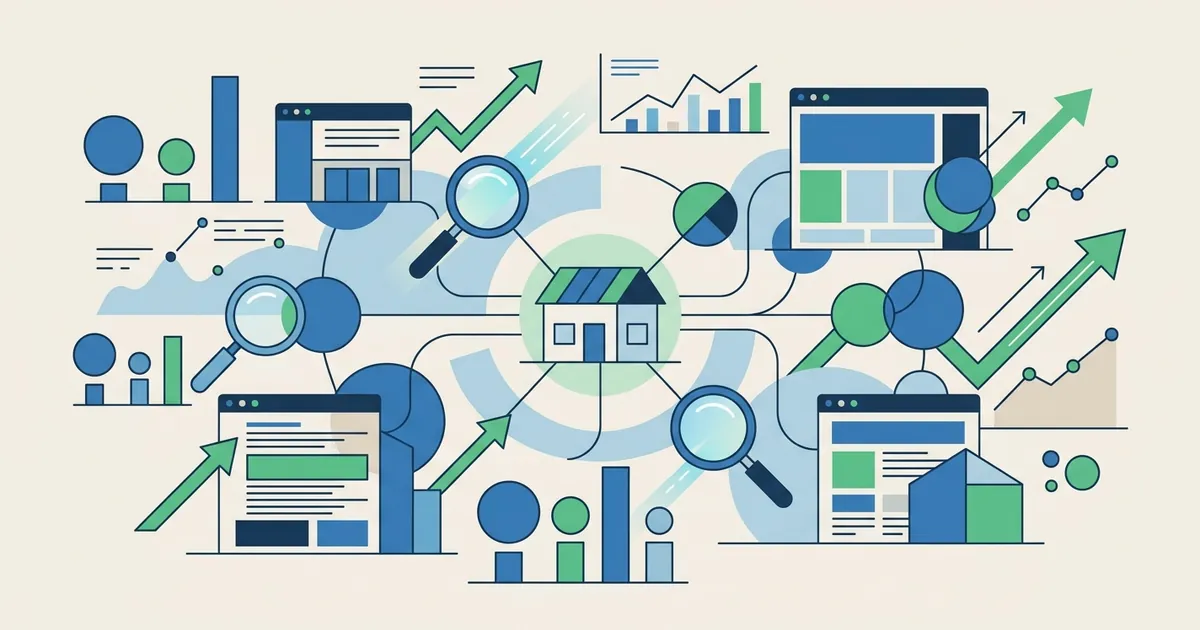 Flat vector illustration of a small website analyzing competitor keywords with magnifying glass, trending arrows, and connected nodes representing market research.