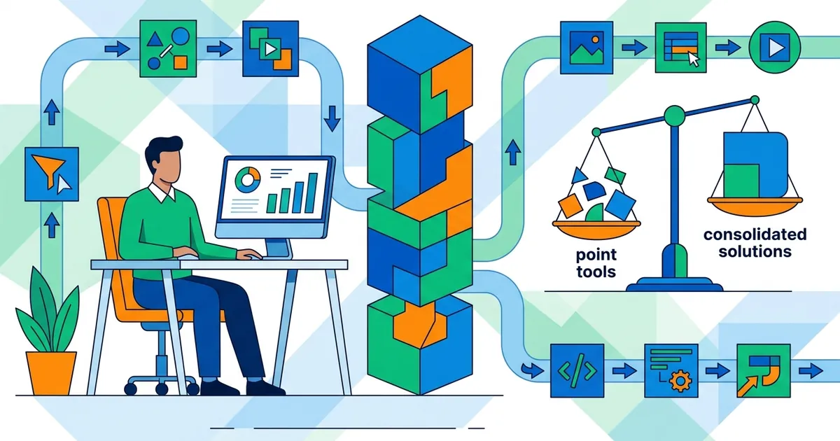 Illustration of small business owner with computer surrounded by colorful geometric blocks representing integrated AI content automation tools and workflows.