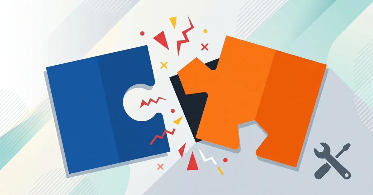 Two misaligned puzzle pieces with geometric shapes representing plugin conflicts in a flat vector style.