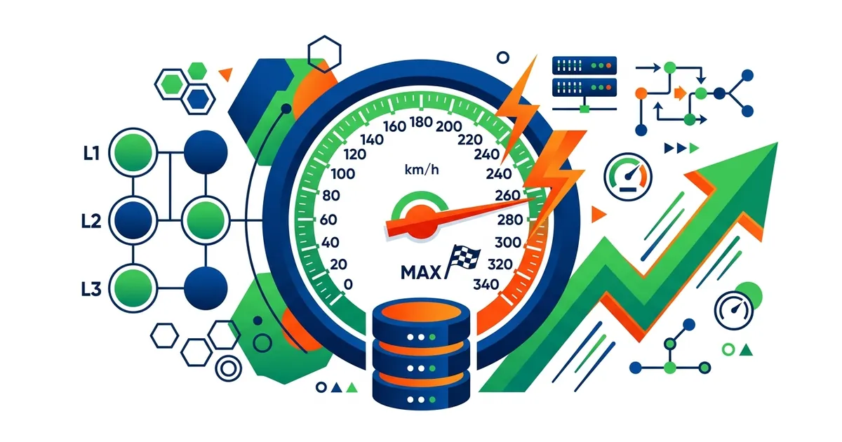 Flat vector illustration of a speedometer with optimization symbols including database, lightning, and caching elements.