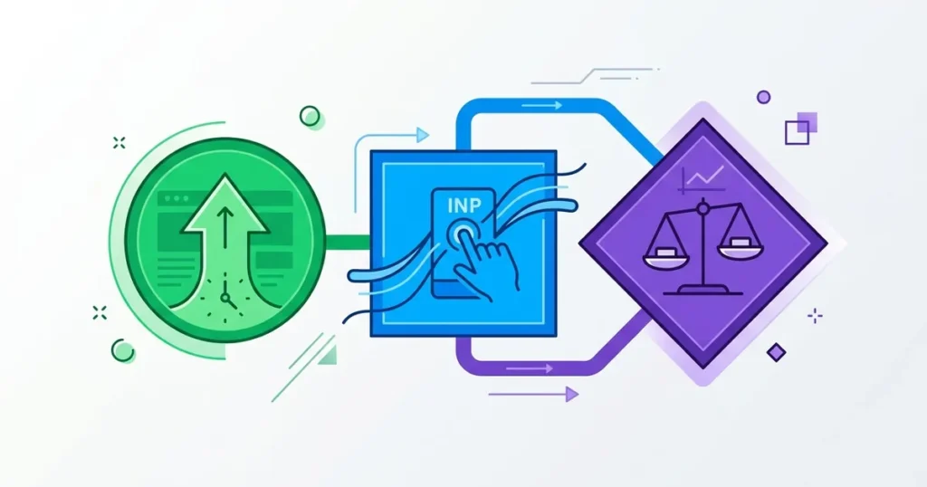 Three geometric shapes in green, blue, and purple representing the three Core Web Vitals metrics interconnected together.