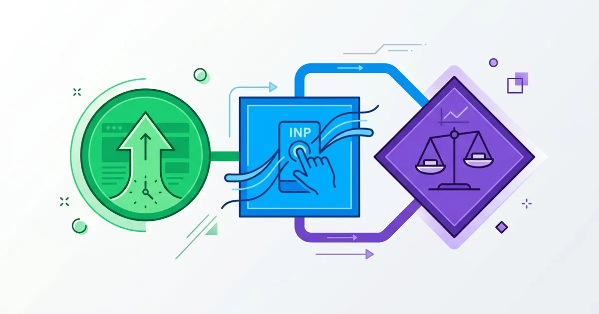 Three geometric shapes in green, blue, and purple representing the three Core Web Vitals metrics interconnected together.
