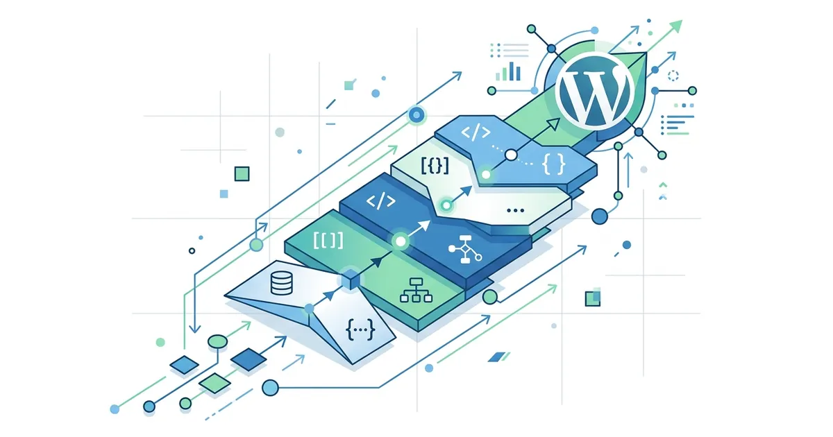 Abstract flat vector illustration showing interconnected geometric shapes and nodes representing structured data organization for WordPress schema markup.
