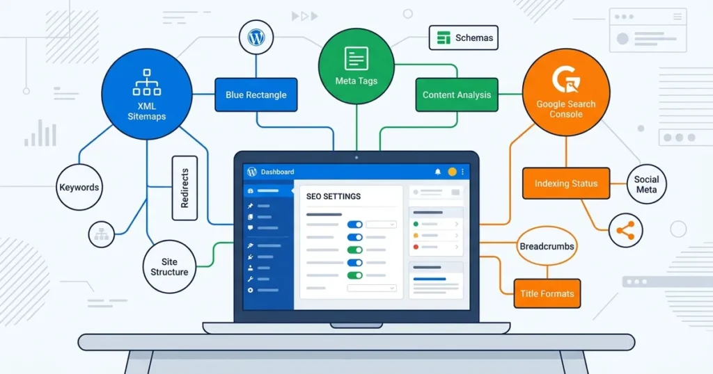 Flat vector illustration of interconnected geometric shapes representing WordPress SEO plugin settings and configuration tools.