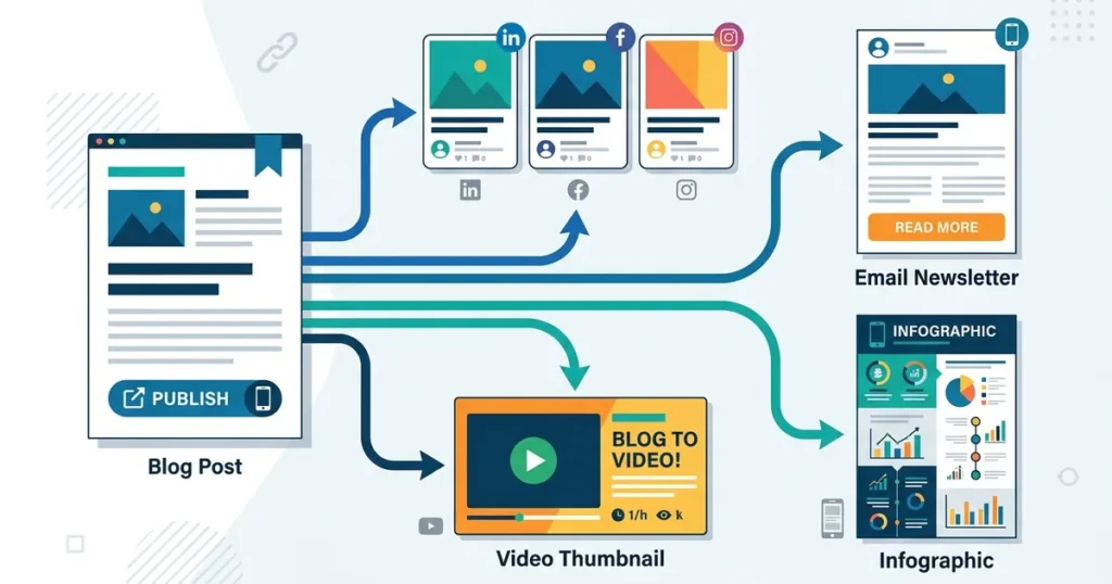 Flat vector illustration of one blog post transforming into multiple content formats through branching arrows.