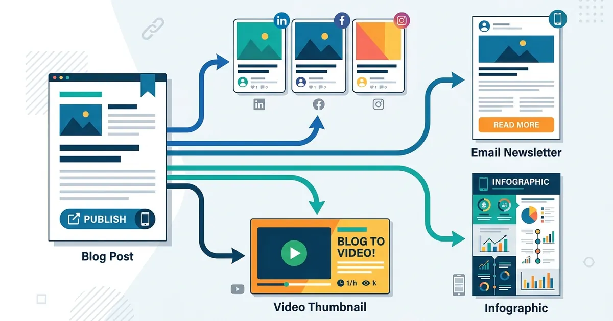 Flat vector illustration of one blog post transforming into multiple content formats through branching arrows.