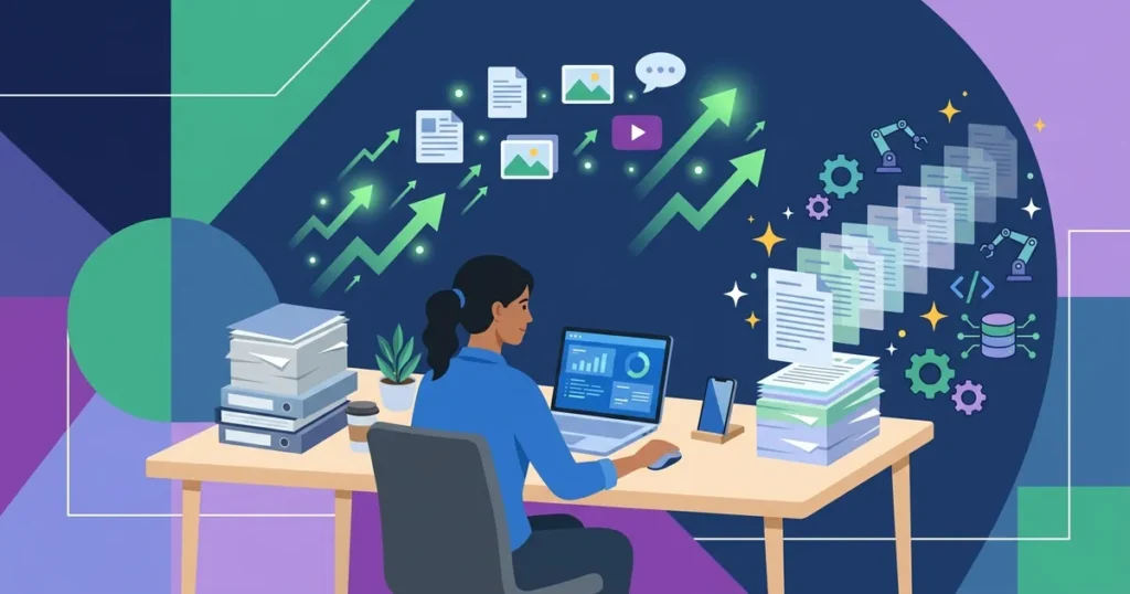 Illustration of a content creator with AI multiplying their output through automation and smart workflows.