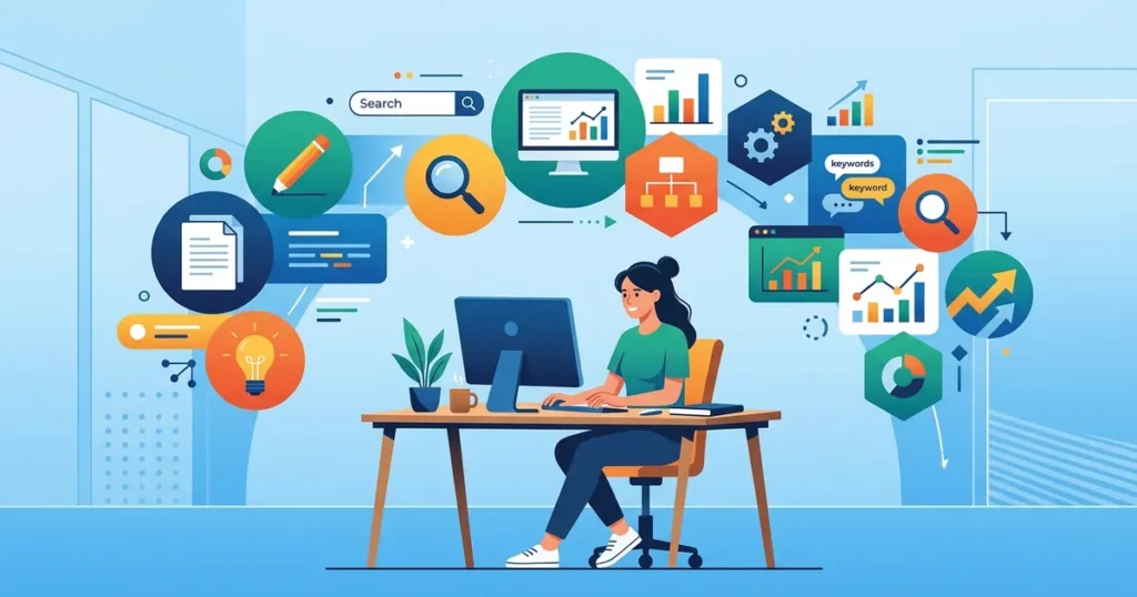 Abstract illustration of a content creator working with floating geometric shapes representing SEO briefs and keywords in a modern, organized workspace.